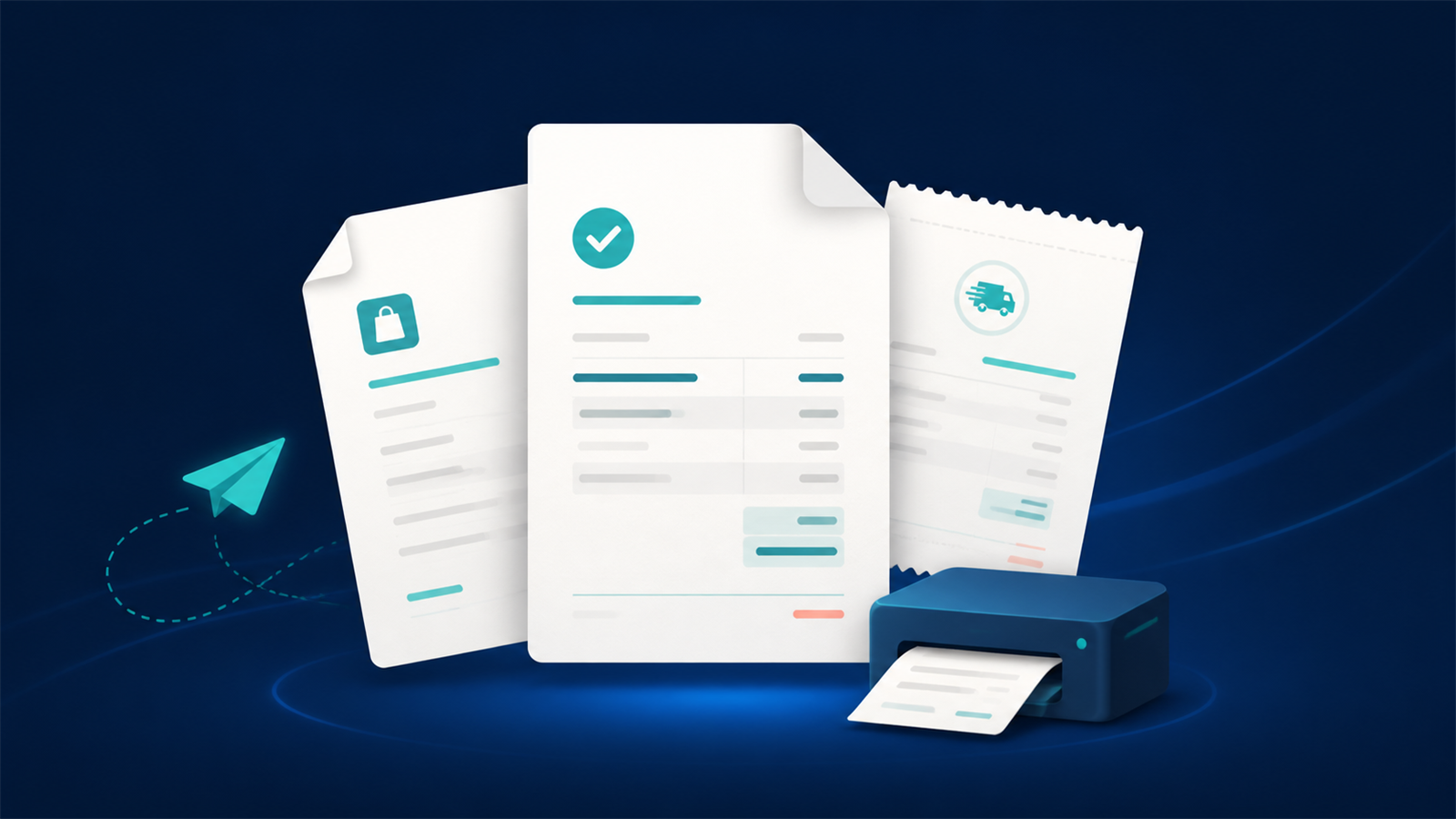 Illustration of invoices, a receipt, a paper plane, and a printer